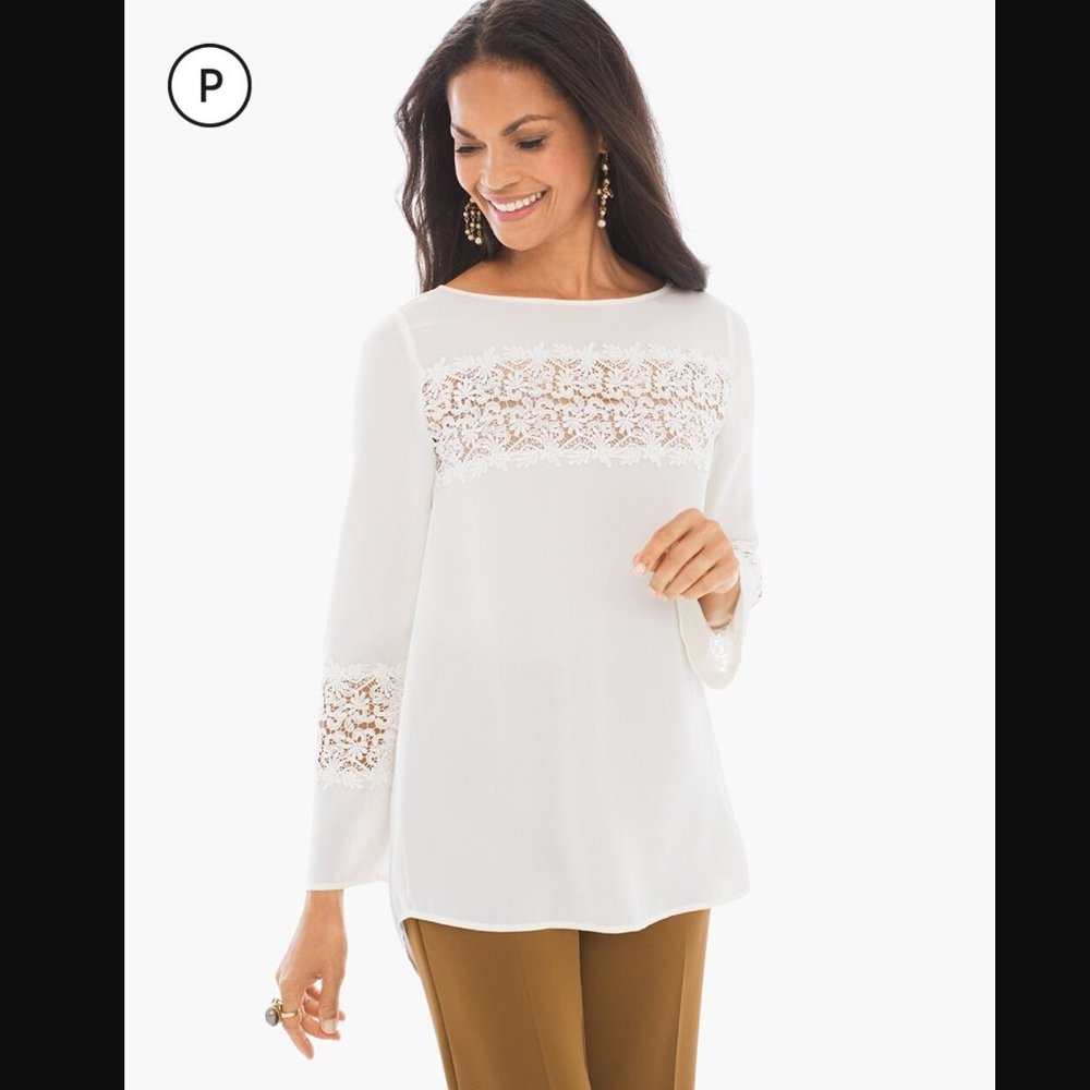 Chico's Lace Trim Blouse Cream White Large Petite